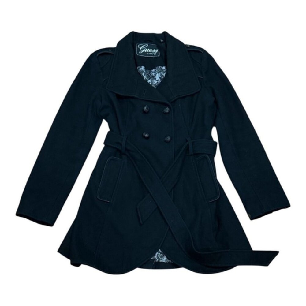 Guess Coat Womens Medium Black Wool Blend Belted Double Breasted Peacoat Trench